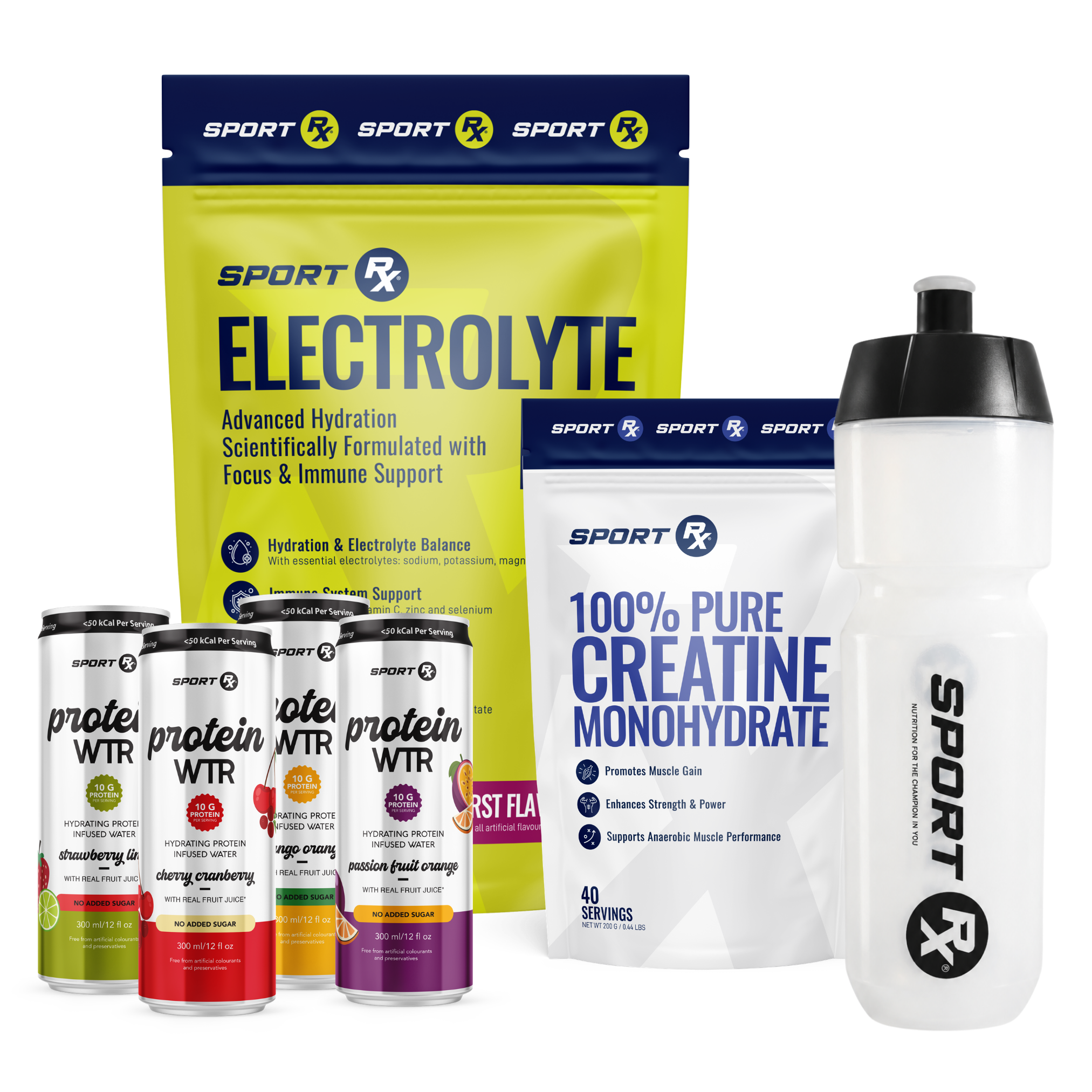 The Strength Stack — Electrolyte Rx + 200g Creatine Rx + 4x Protein WTR + Bottle