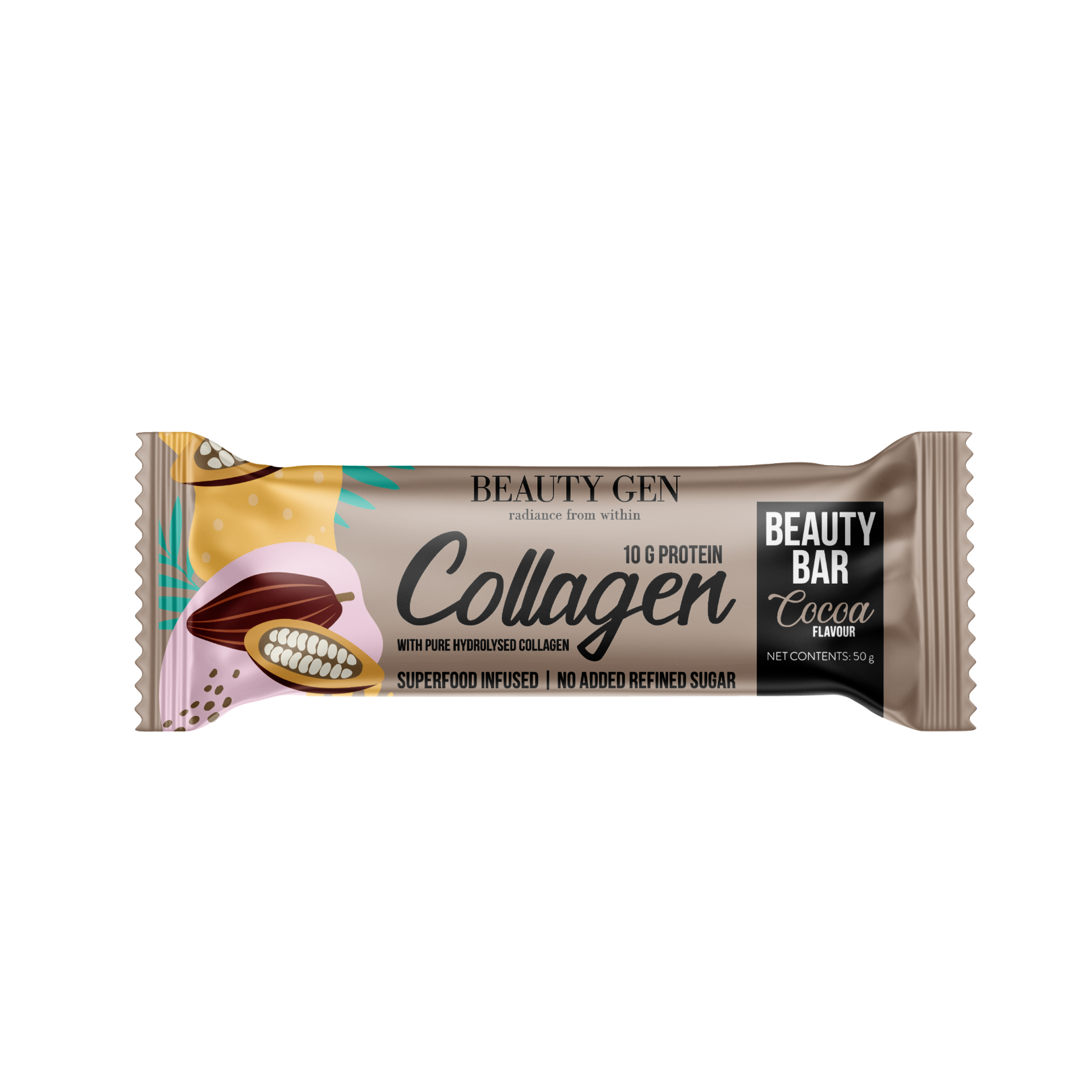Beauty Gen Collagen protein bar with cocoa flavor on a white background