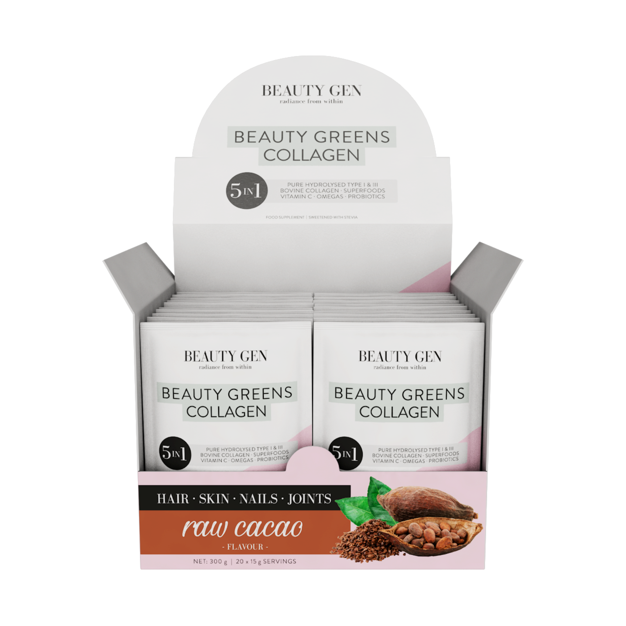 Beauty Greens Collagen Sachets, Raw Cacao