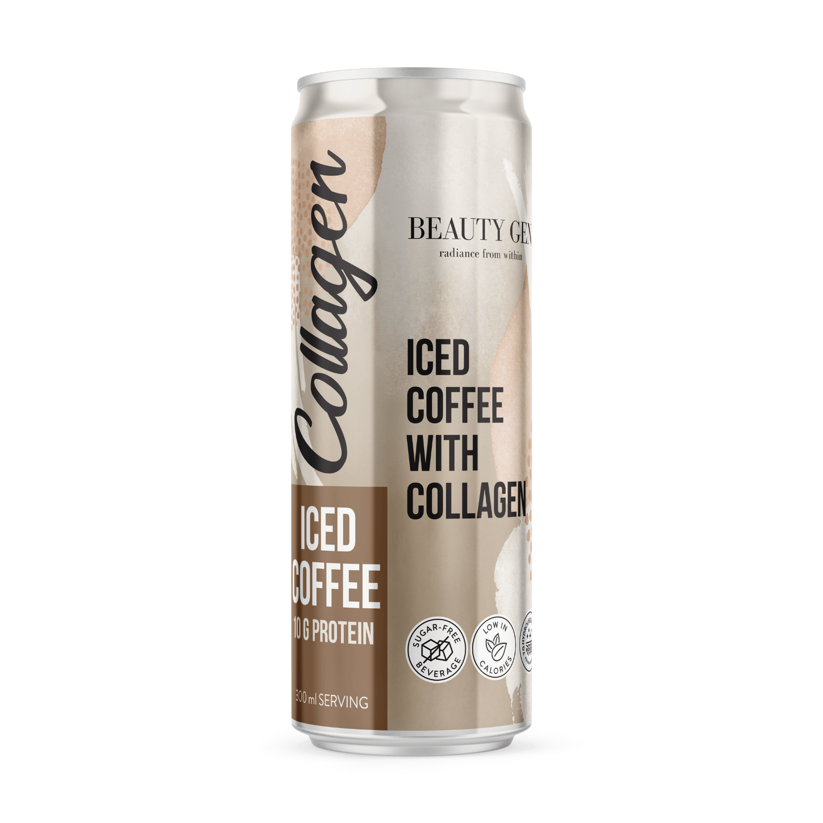 Can of iced coffee with collagen on a white background