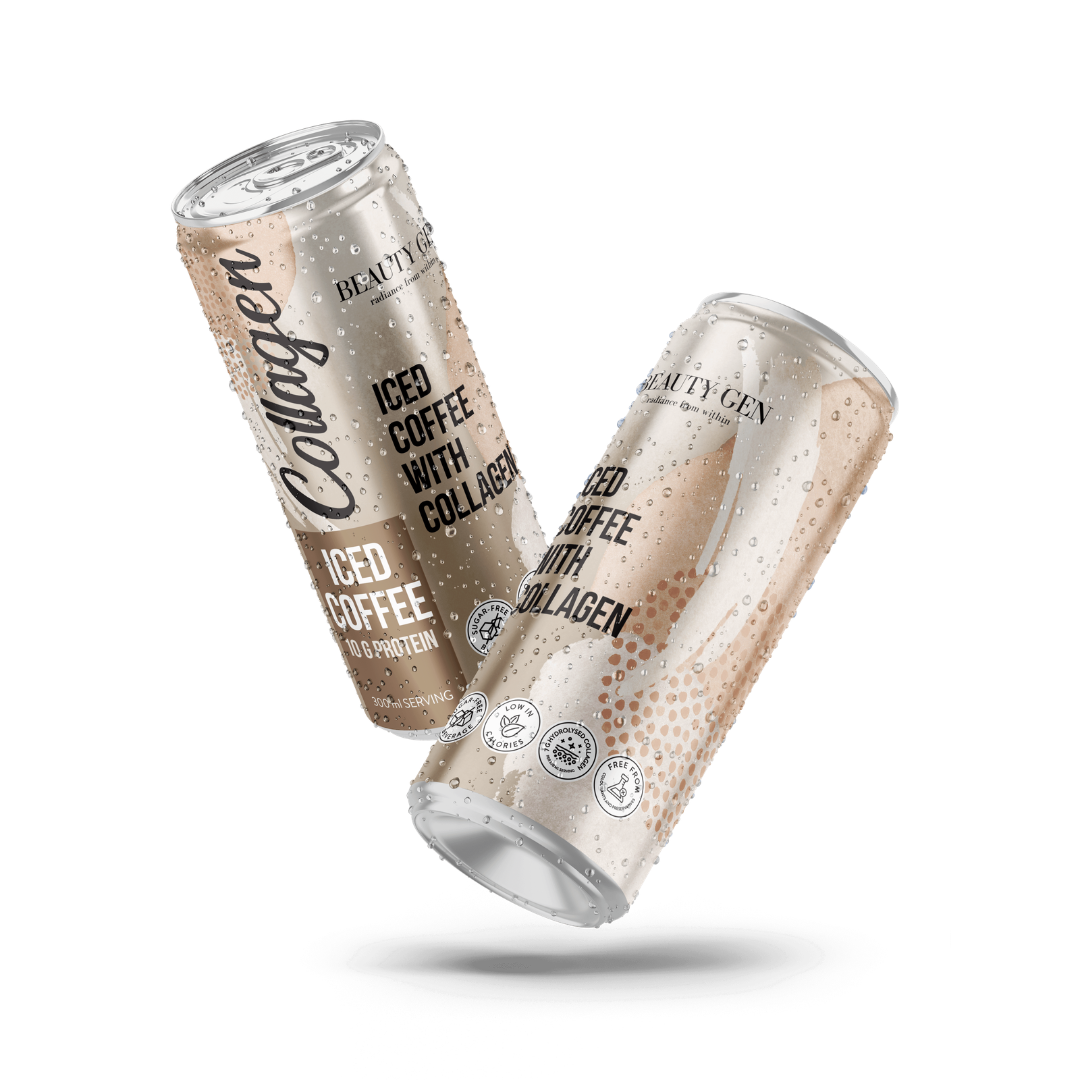 Two cans of 'Beautygen' iced coffee with collagen on a white background