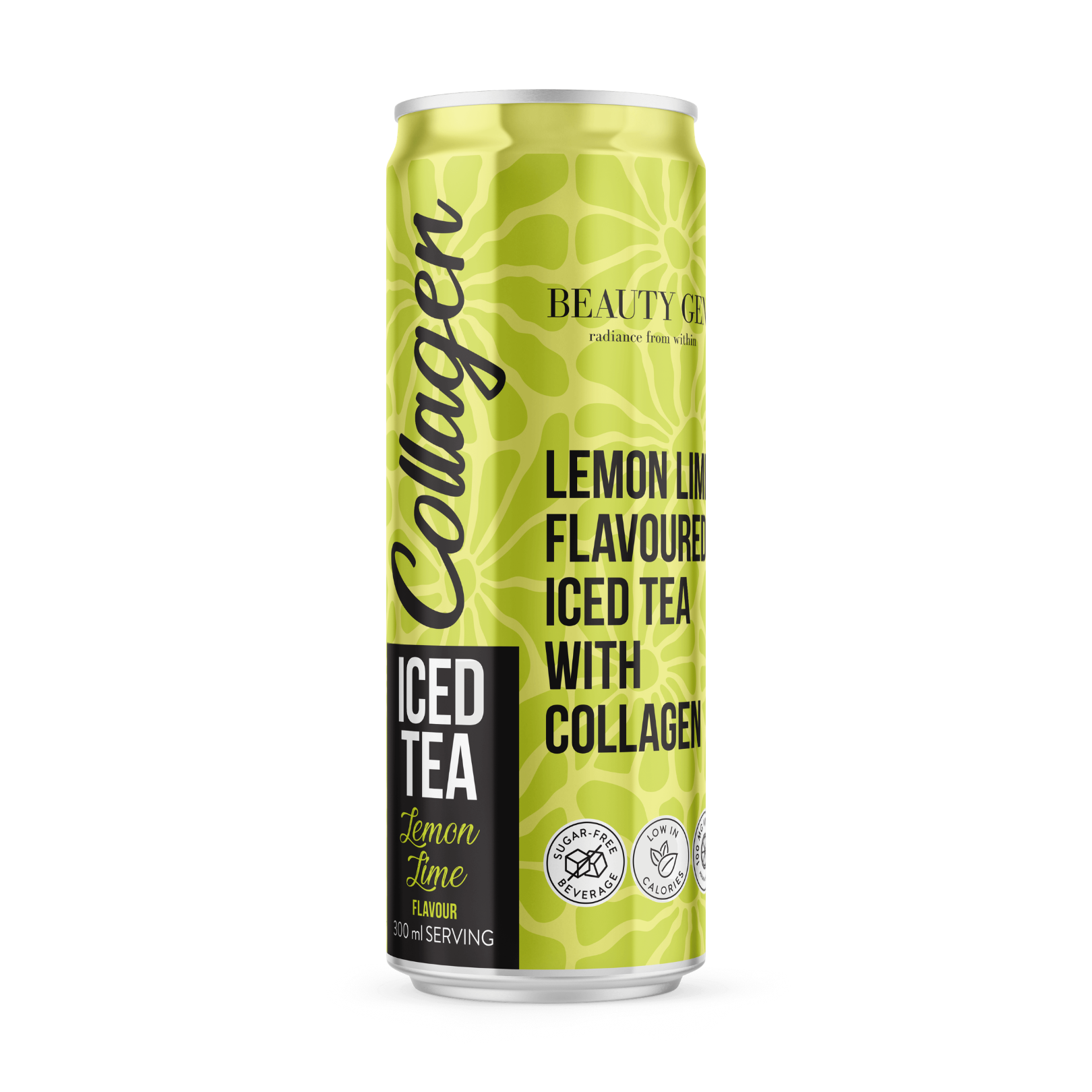 Lemon lime iced tea can with collagen on a white background