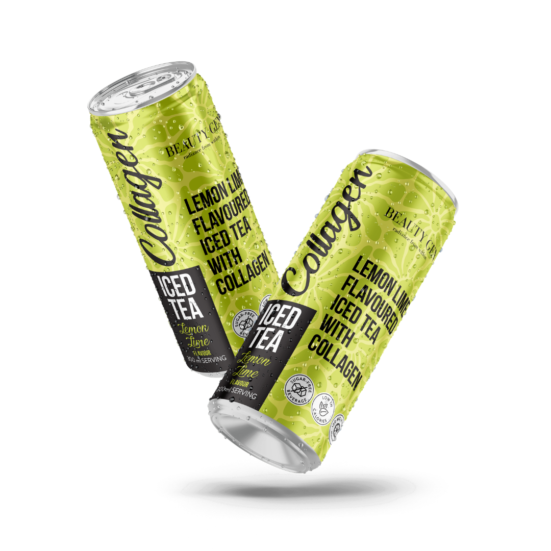 Two cans of Lemon Lime Flavoured Iced Tea with Collagen on a white background