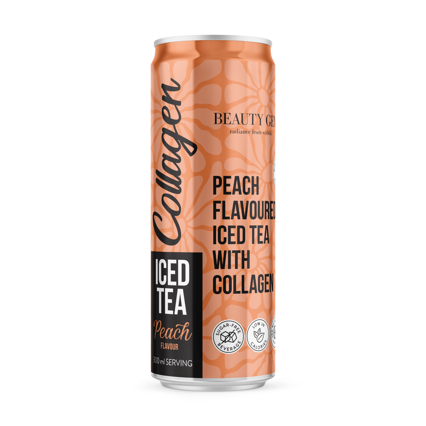Can of Peach Flavoured Iced Tea with Collagen on a white background