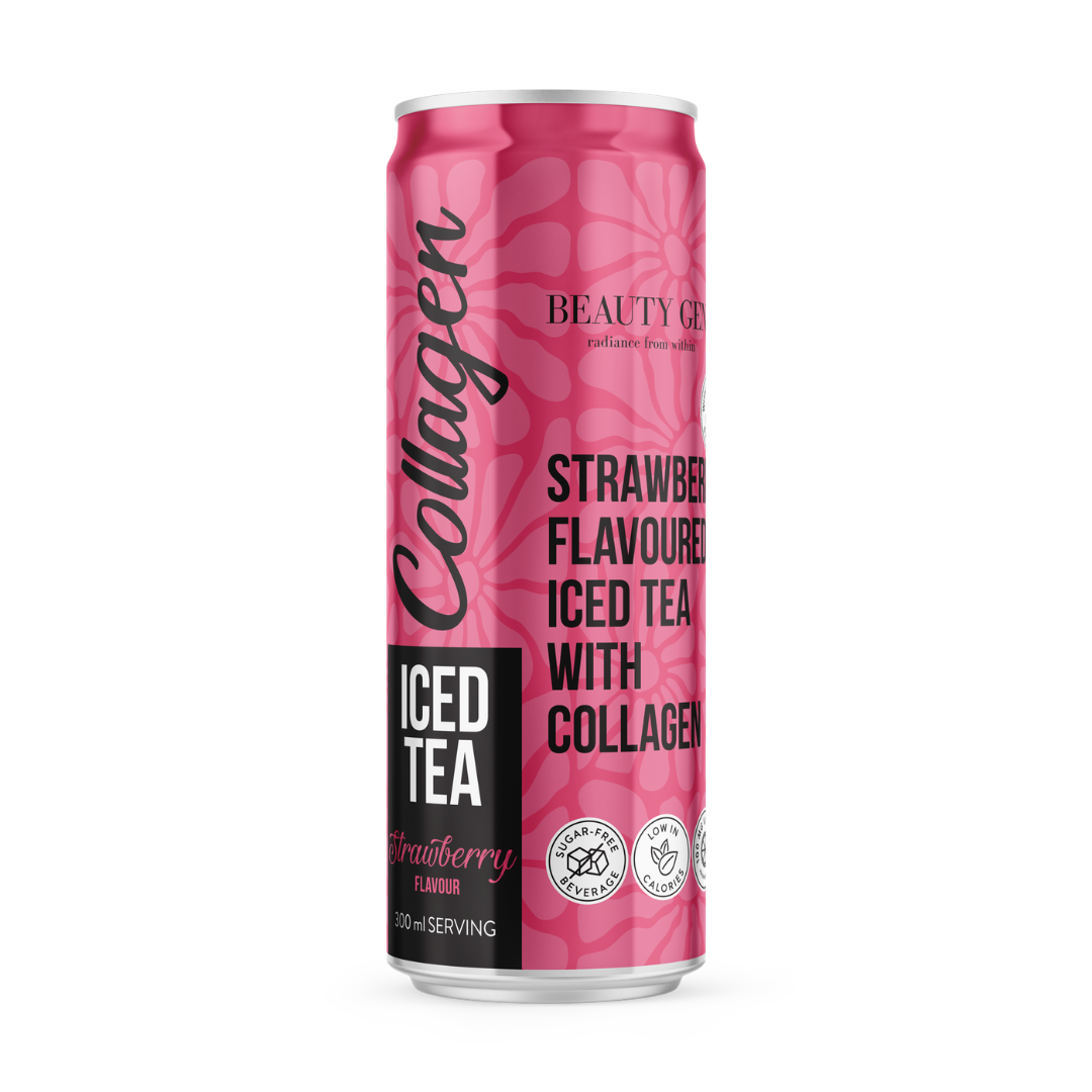 Pink can of strawberry-flavored iced tea with collagen on a white background