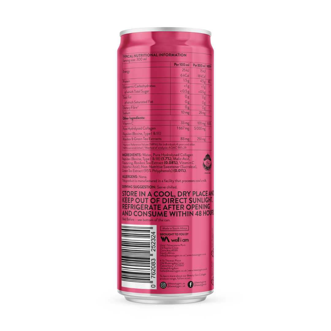 Pink can with nutritional information and storage instructions on a white background