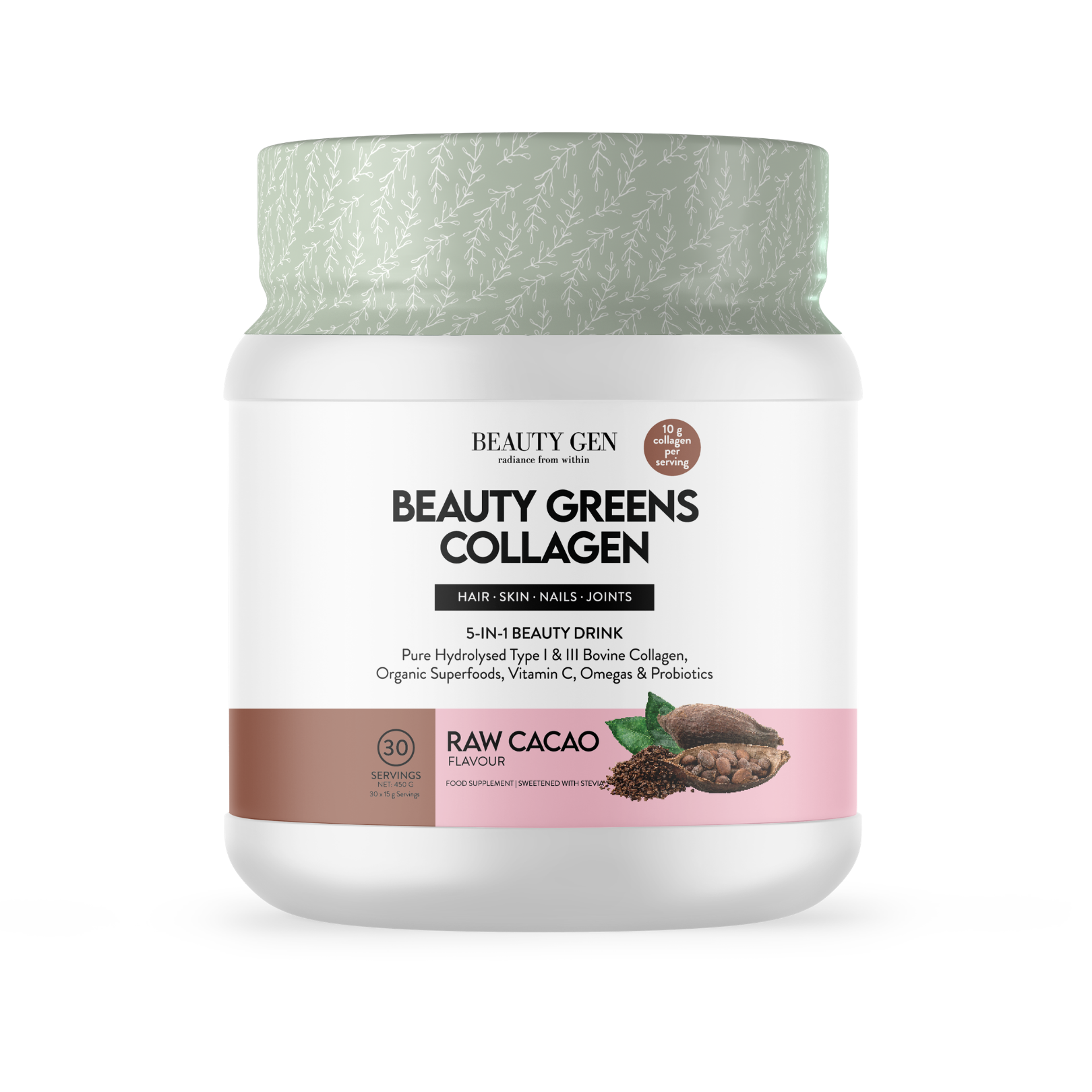 Beauty Gen Beauty Greens Collagen container with green lid on a white background
