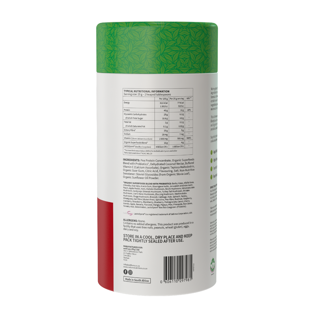 Back view of a supplement container with nutritional information and ingredients listed.