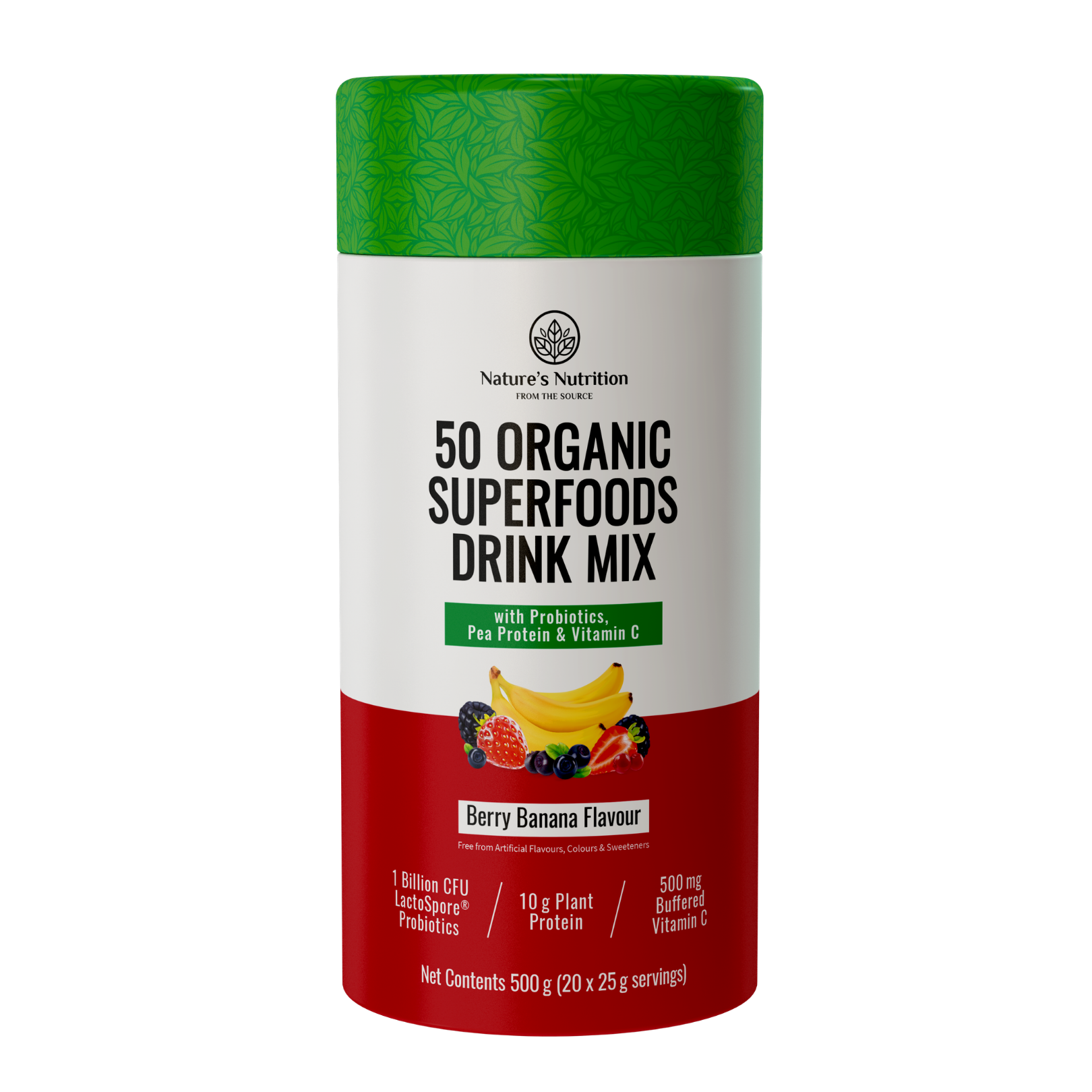 Nature's Nutrition 50 Organic Superfoods Drink Mix canister with green and red design on a white background
