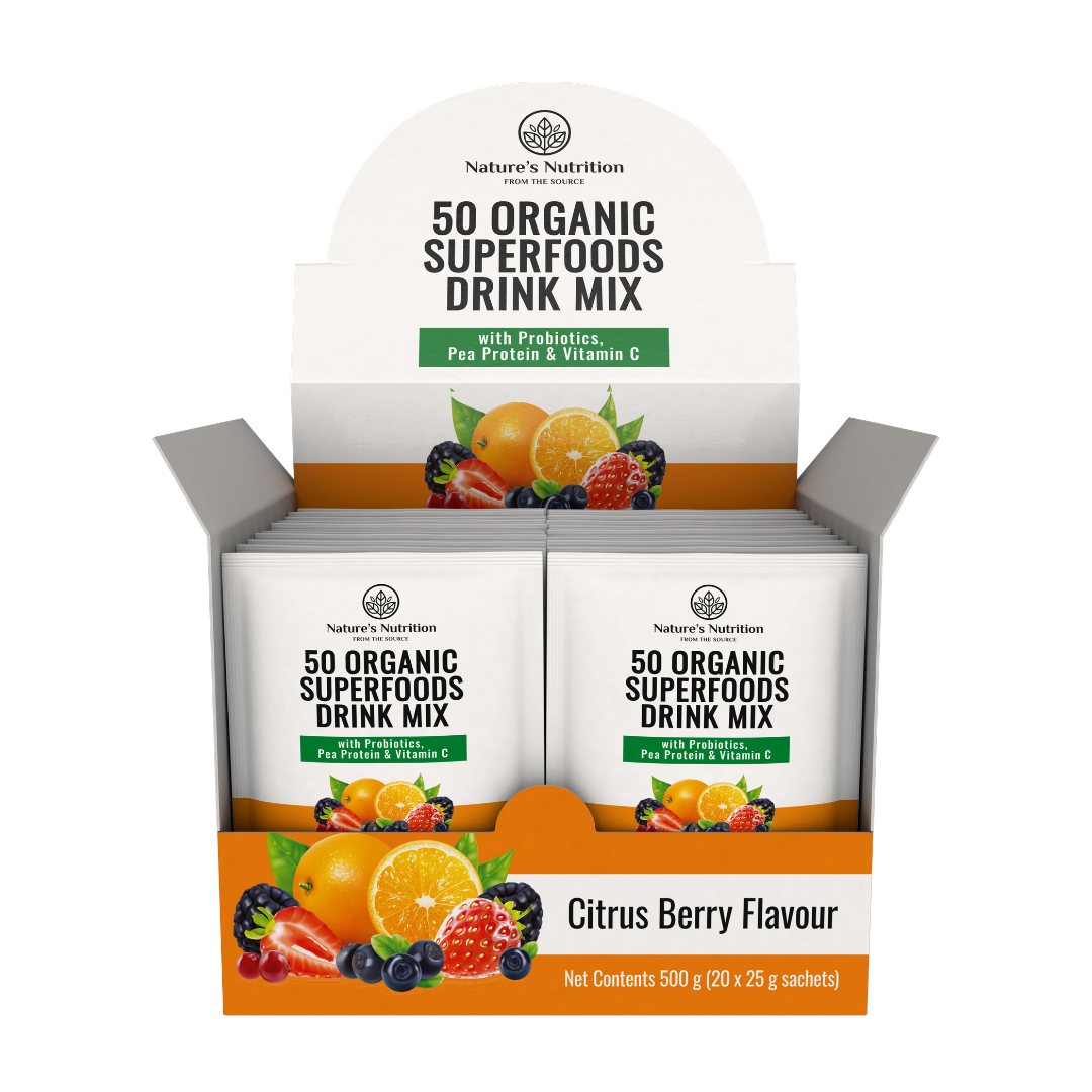 Box of Nature's Nutrition 50 Organic Superfoods Drink Mix with Citrus Berry Flavour on a white background