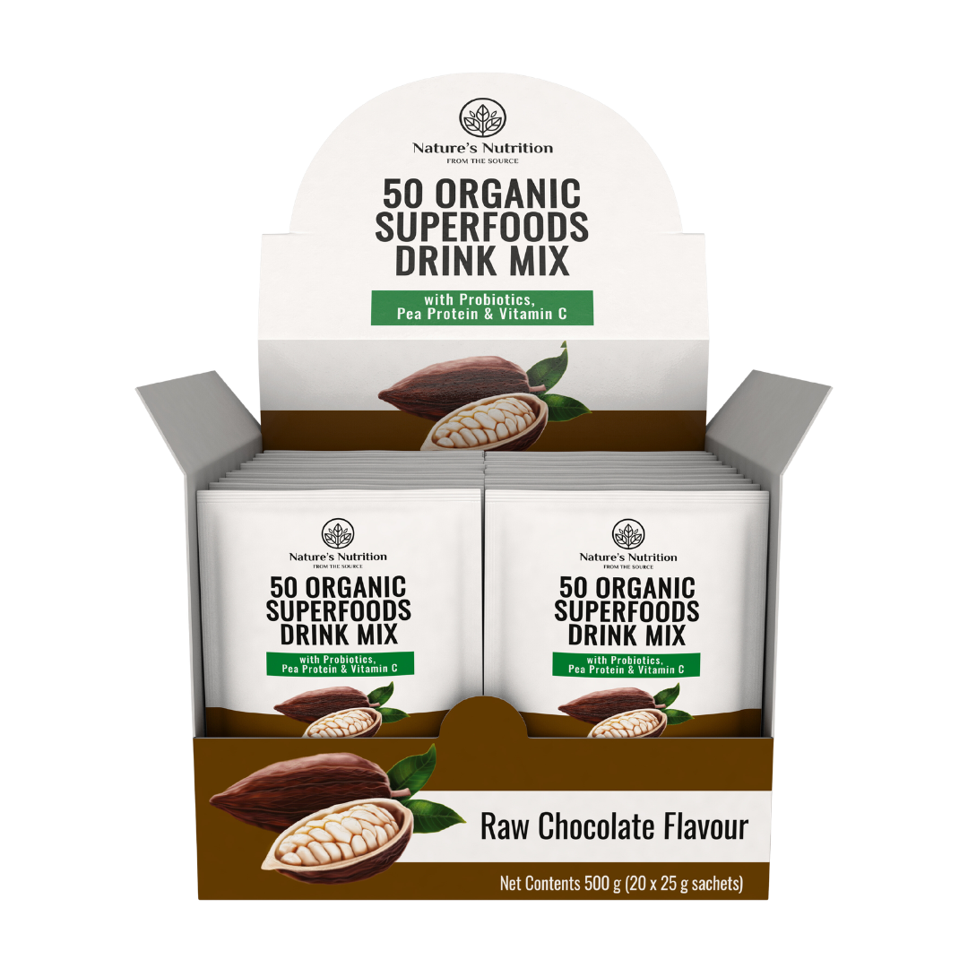 Box of Nature's Nutrition 50 Organic Superfoods Drink Mix in Raw Chocolate Flavour on a white background
