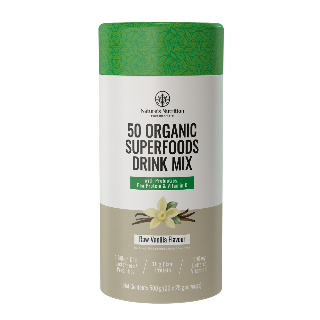 Container of Nature's Nutrition 50 Organic Superfoods Drink Mix in Raw Vanilla Flavour on a white background