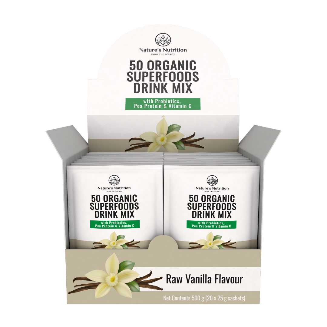 Box of Nature's Nutrition 50 Organic Superfoods Drink Mix in Raw Vanilla Flavour