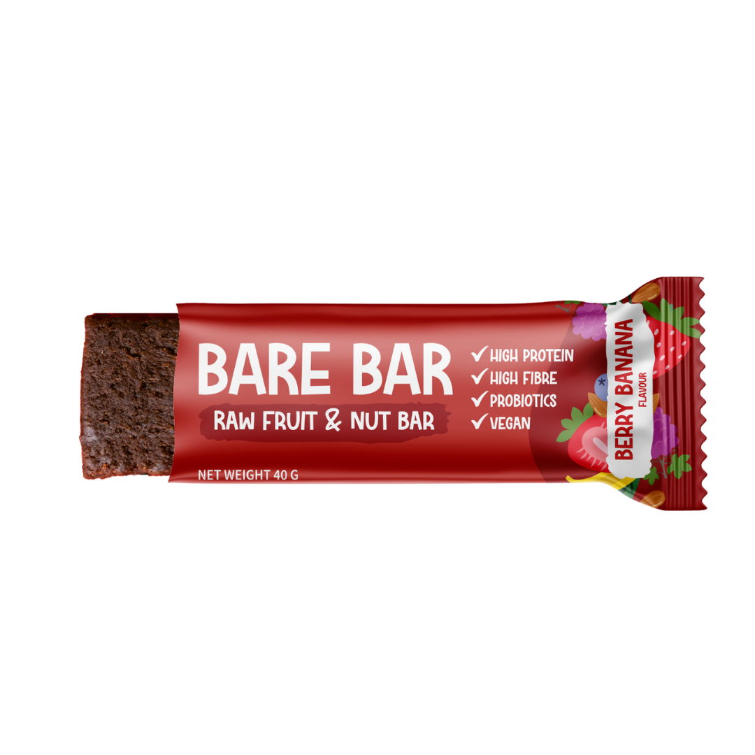 Bare Bar raw fruit & nut bar with berry banana flavor on a white background