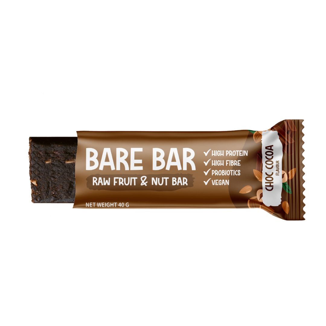 Bare Bar Raw Fruit & Nut Bar in Choc Cocoa flavor on a white background