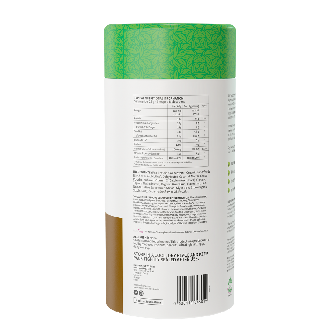 Natures Nutrition 50 organic superfoods chocolate nutritional table