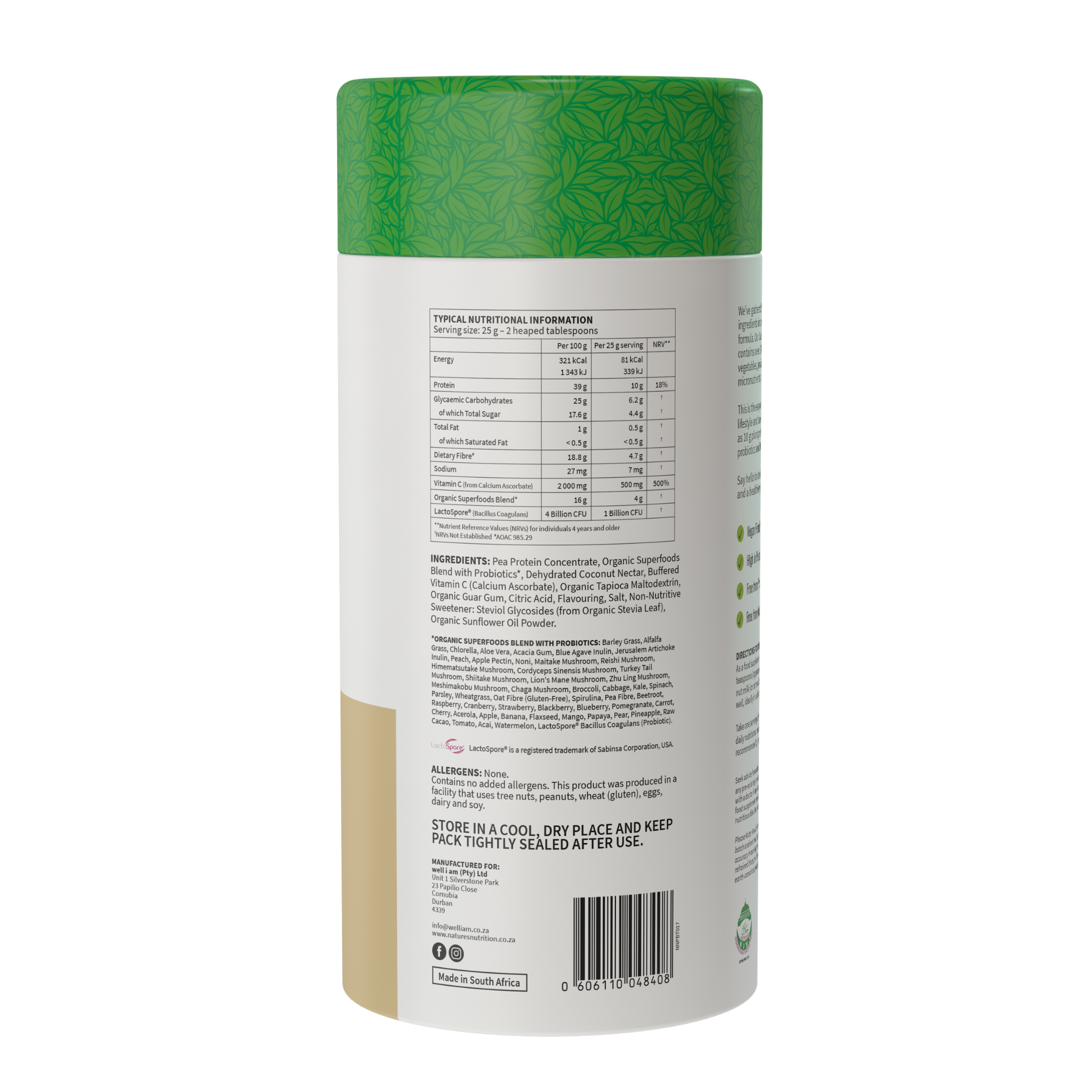 Natures Nutrition 50 organic superfoods coconut vanilla nutritional table