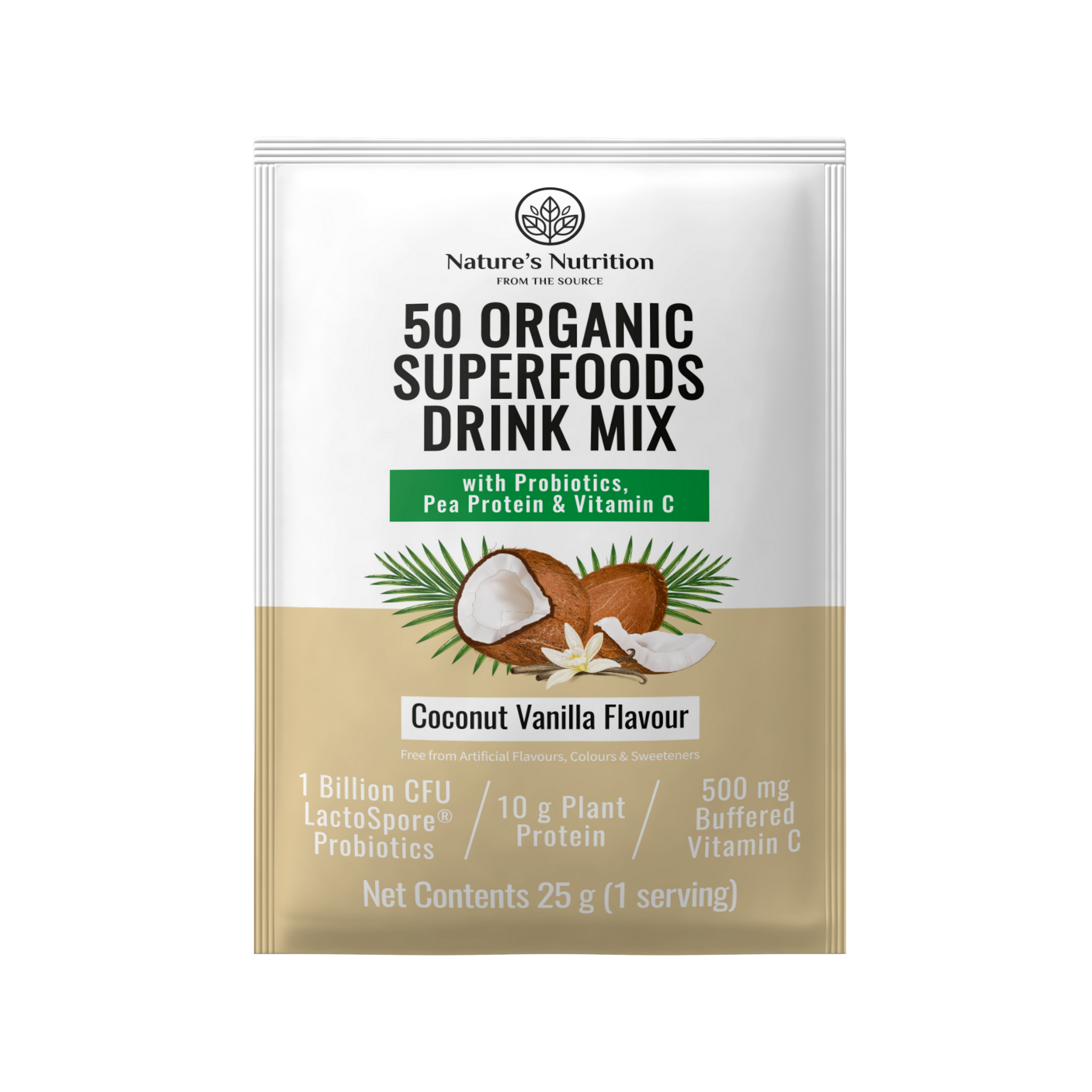 Natures Nutrition 50 organic superfoods coconut vanilla sachet