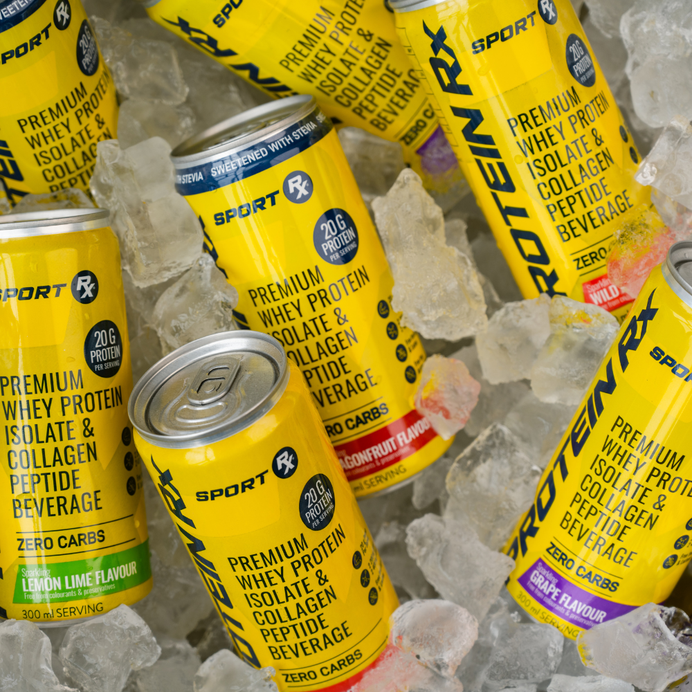 Yellow cans of Sport RX protein beverage on ice