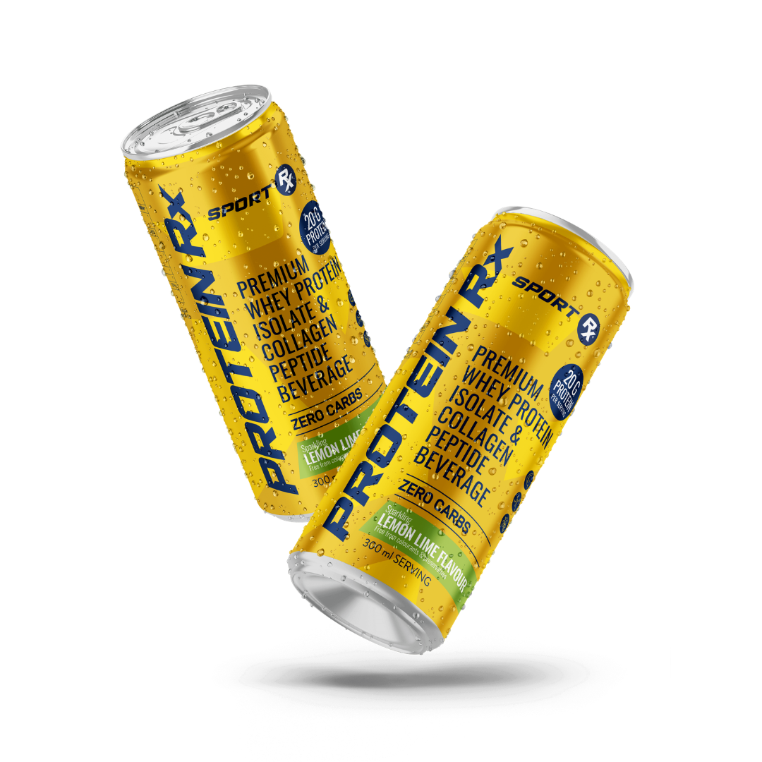 Two cans of Protein RX Sport beverage on a white background