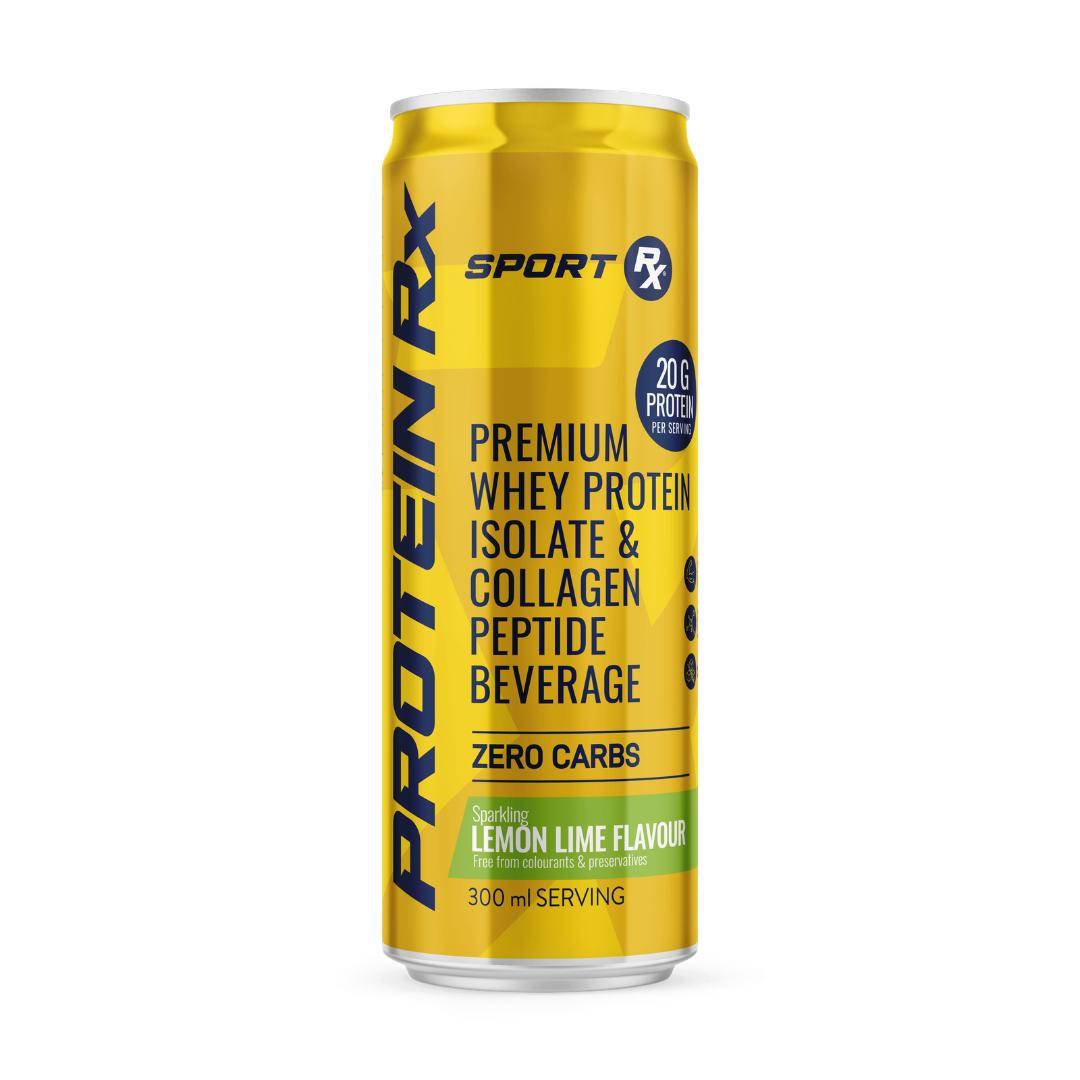 Yellow can of Protein Rx Sport RX protein beverage on a white background