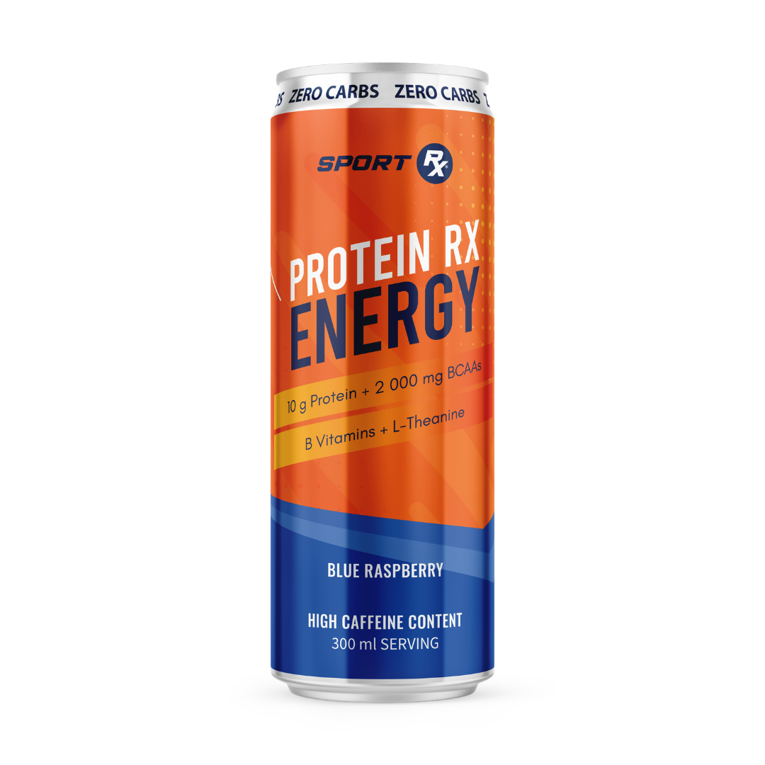 Protein RX Energy drink can on a white background