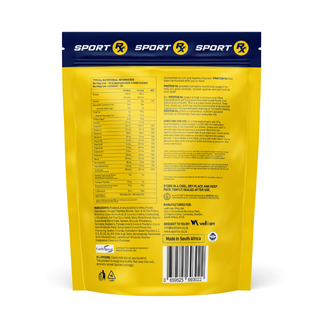 Back view of a Sport RX protein package with nutritional information and branding.