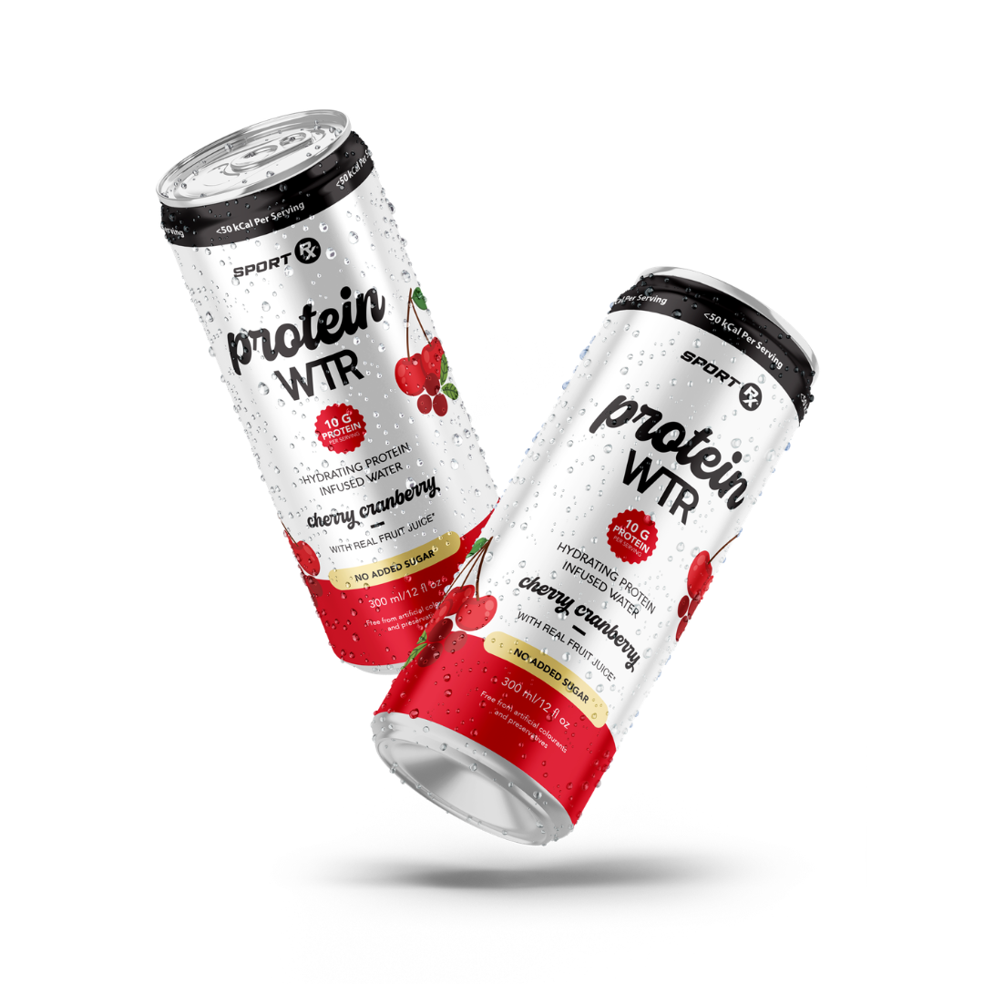 Two cans of Sport Protein WTR Cherry Cranberry flavor on a white background