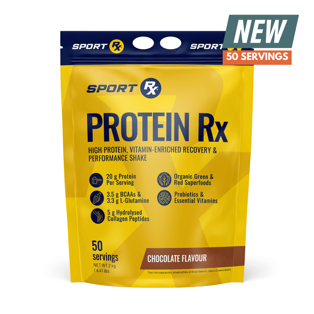Protein Rx packaging with yellow front and blue top, featuring the Sport Rx brand.