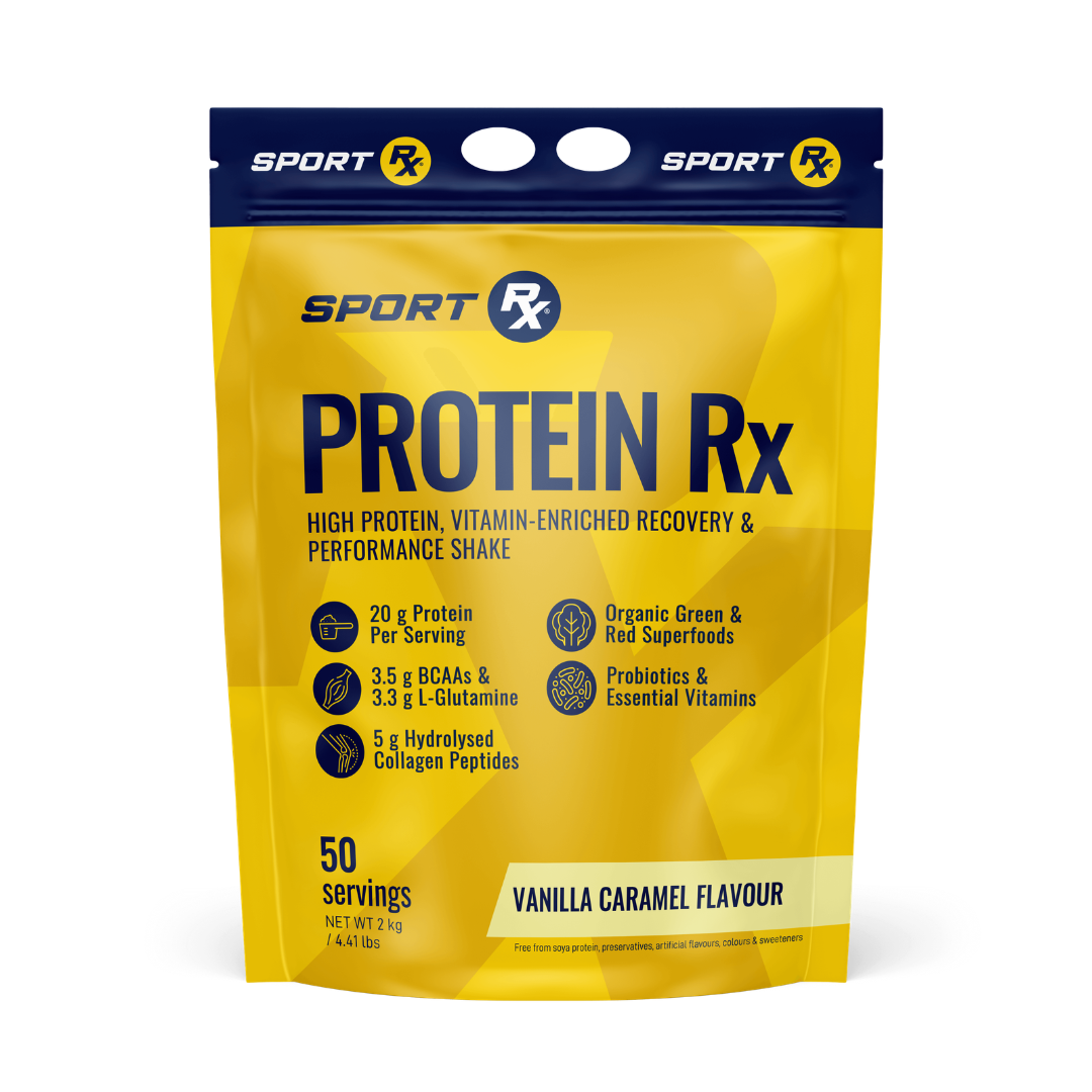 Yellow package of Sport Rx Protein Rx on a white background