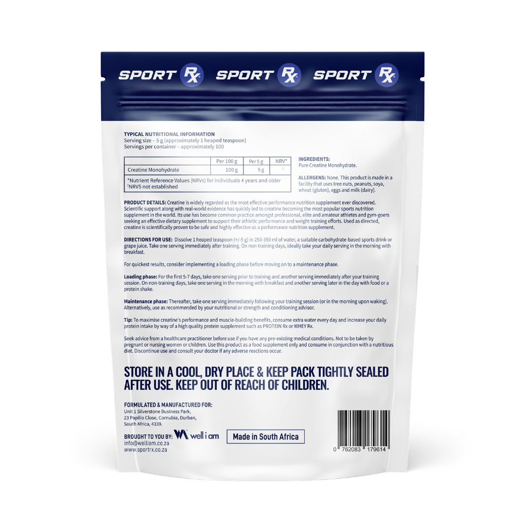 Back view of a Sport RX supplement package with text and branding.