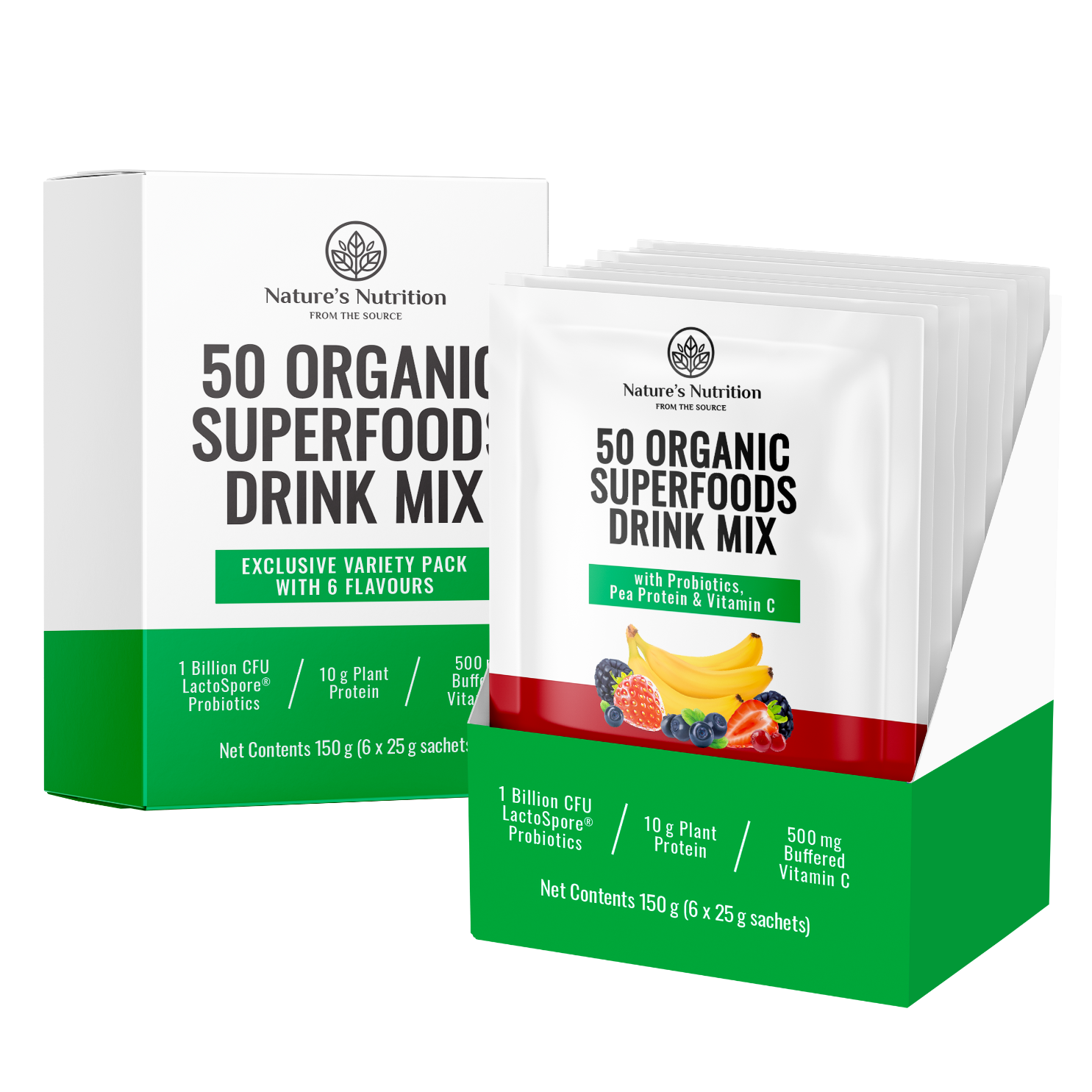 Nature’s Nutrition | 50 Organic Superfoods Drink Mix Sachets | Variety Pack