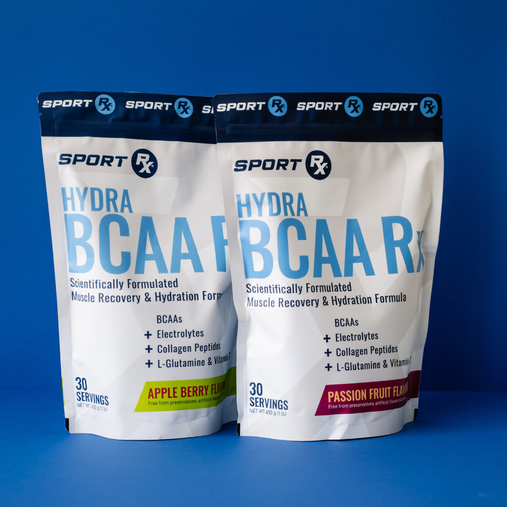 Two packages of Sport Rx Hydra BCAA Rx on a blue background