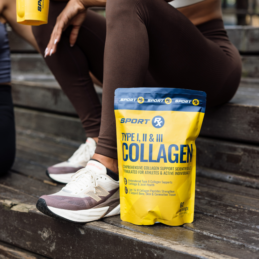 Person sitting on steps with a yellow 'Sport RX' collagen supplement package in front