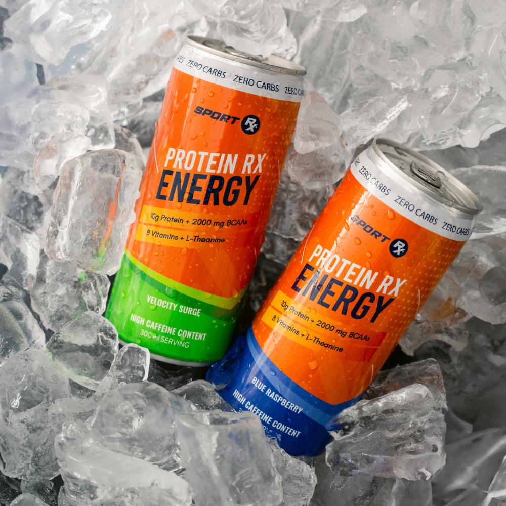 Two cans of Protein RX Energy drink on a bed of ice by Sport Rx