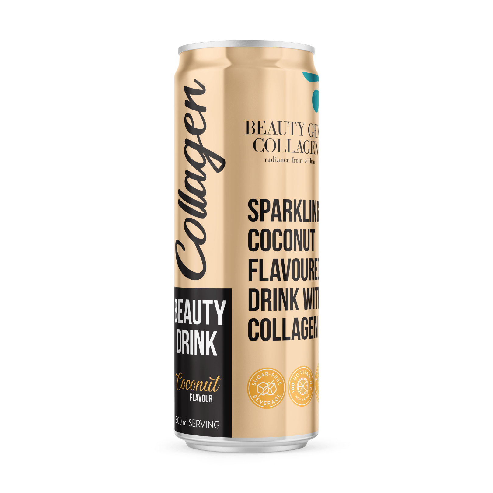 Collagen beauty drink can with coconut flavor on a white background