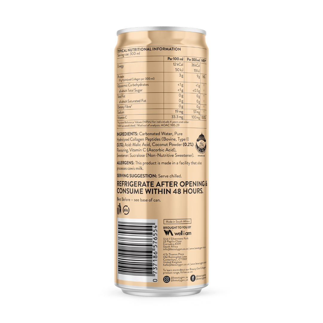 Back view of a can with nutritional information and ingredients on a white background