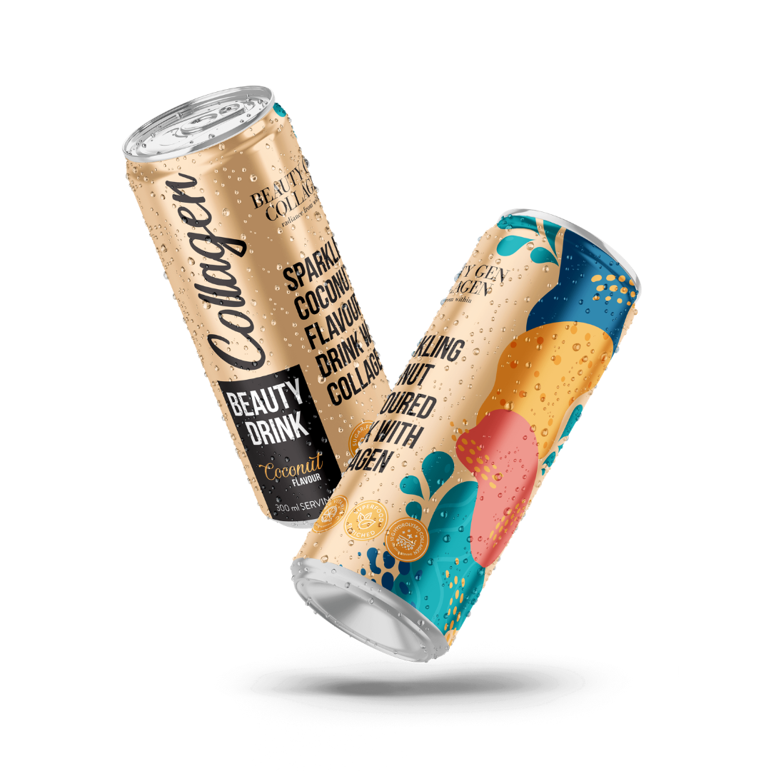 Two cans of Collagen Beauty Drink on a white background