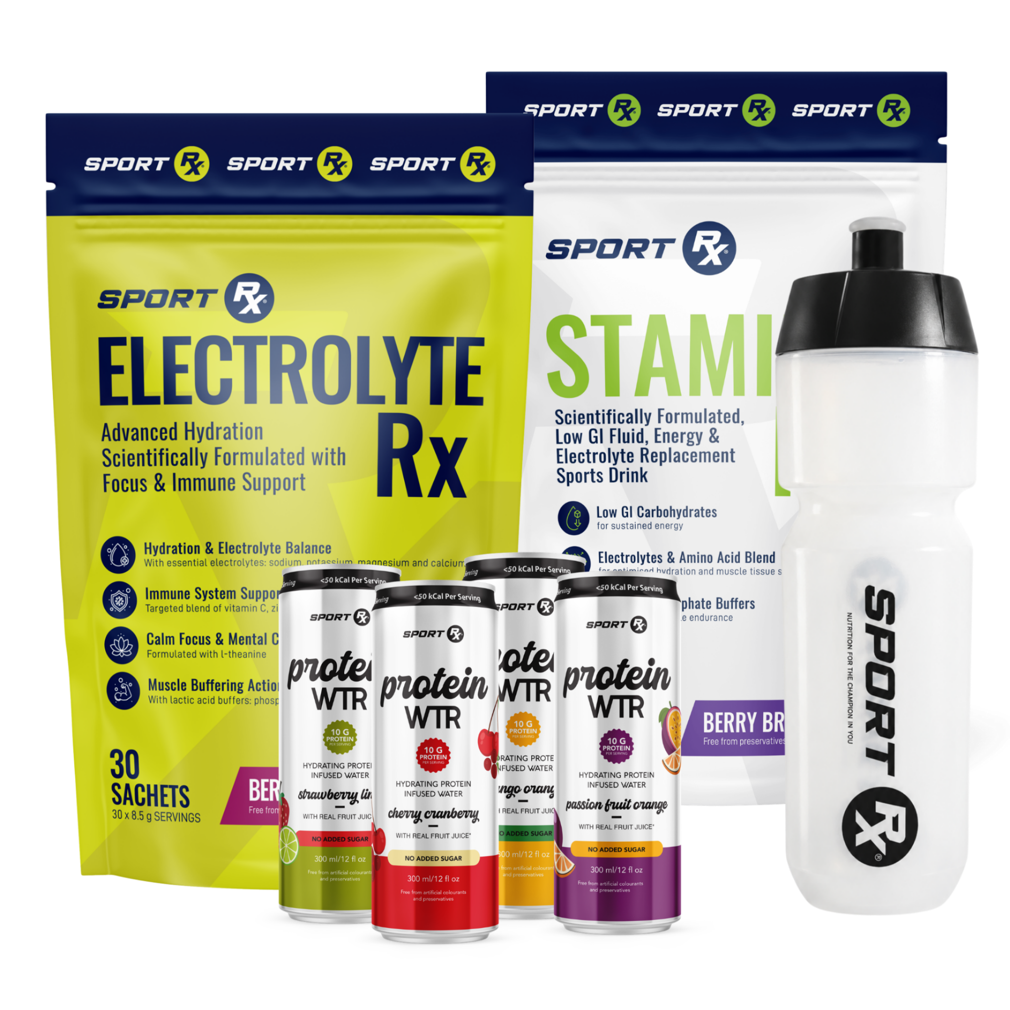 The Endurance Stack — Stamina Rx + Electrolyte Rx + 4x Protein WTR + Bottle