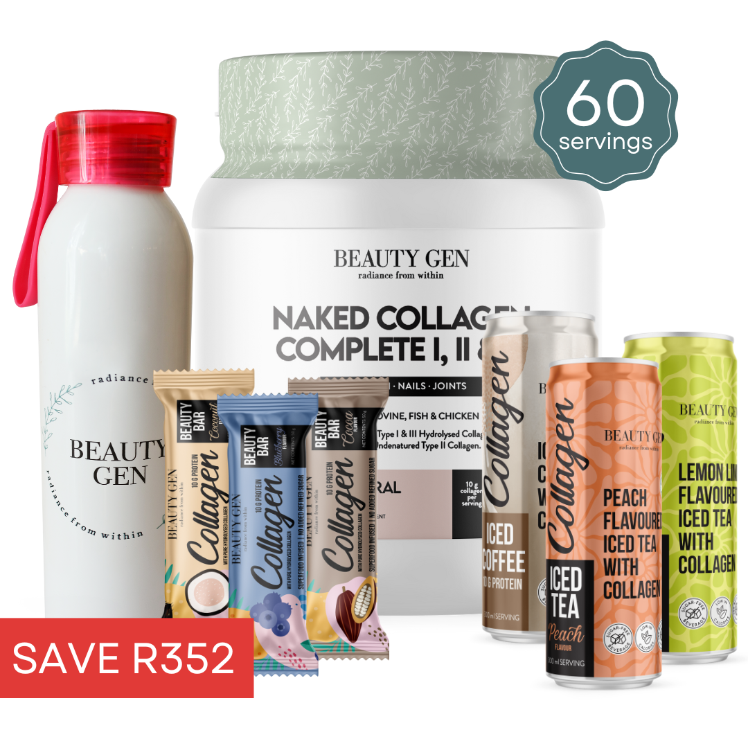 1 x Collagen Complete + 1 x Metal Bottle + 3 x Drinks + 3 x Bars