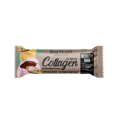 Beauty Gen Collagen protein bar with cocoa flavor on a white background