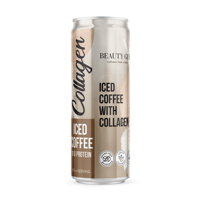 Can of iced coffee with collagen on a white background