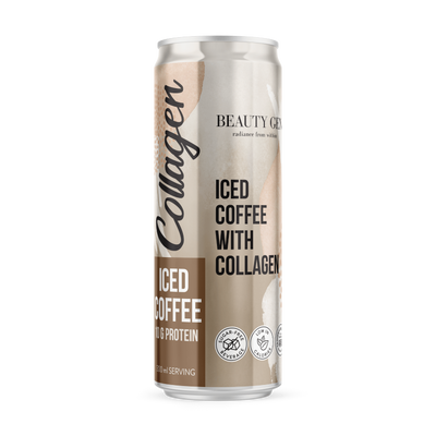 Can of iced coffee with collagen on a white background
