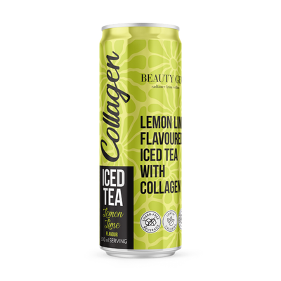 Can of lemon lime iced tea with collagen on a white background