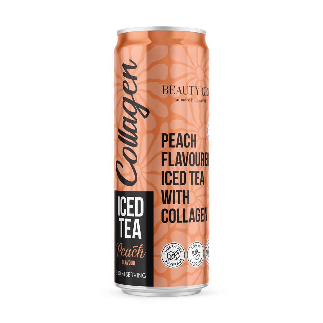 Can of Peach Flavoured Iced Tea with Collagen on a white background