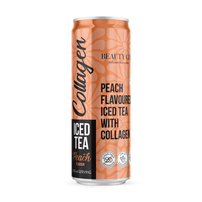 Can of Peach Flavoured Iced Tea with Collagen on a white background