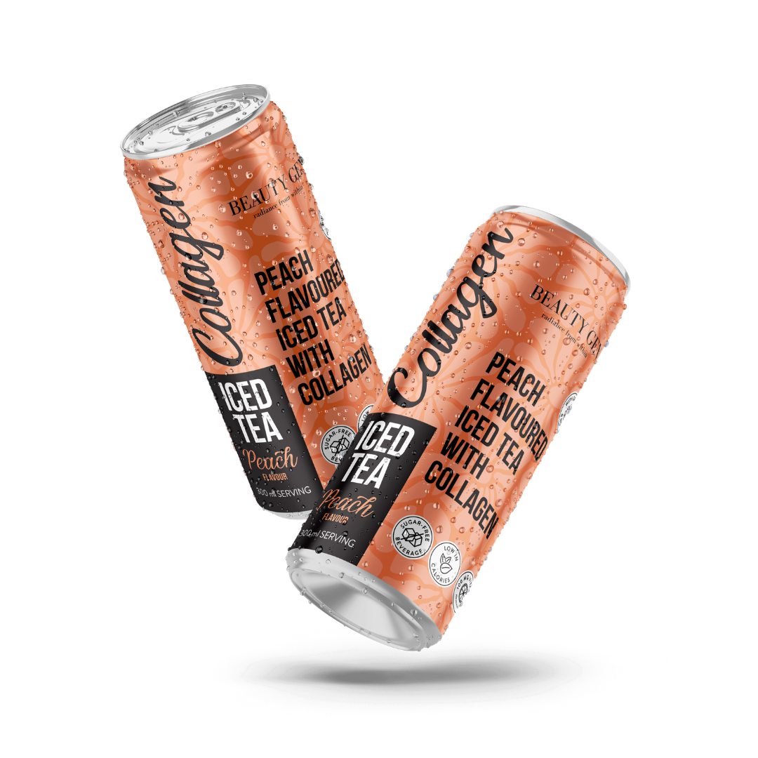 Two cans of Peach Flavoured Iced Tea with Collagen on a white background