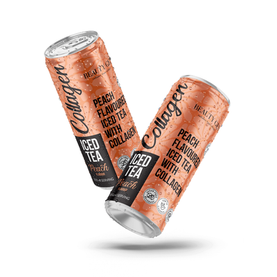Two cans of Peach Flavoured Iced Tea with Collagen on a white background