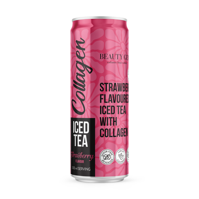 Pink can of strawberry-flavored iced tea with collagen on a white background