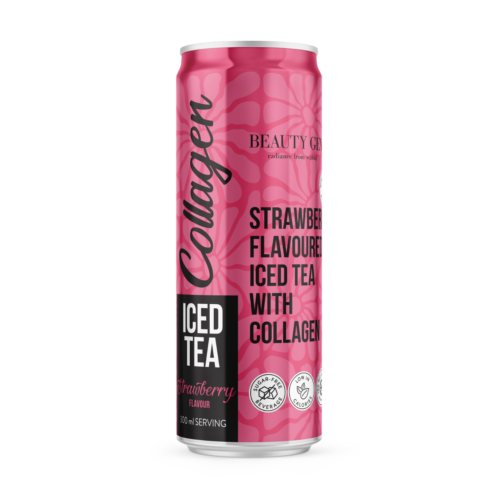 Pink can of Strawberry Flavoured Iced Tea with Collagen on a white background